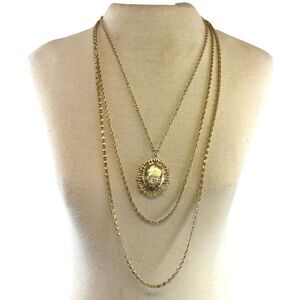 Vintage Layered Style Triple Strand Gold Tone Chain Necklace With Locket Pendant